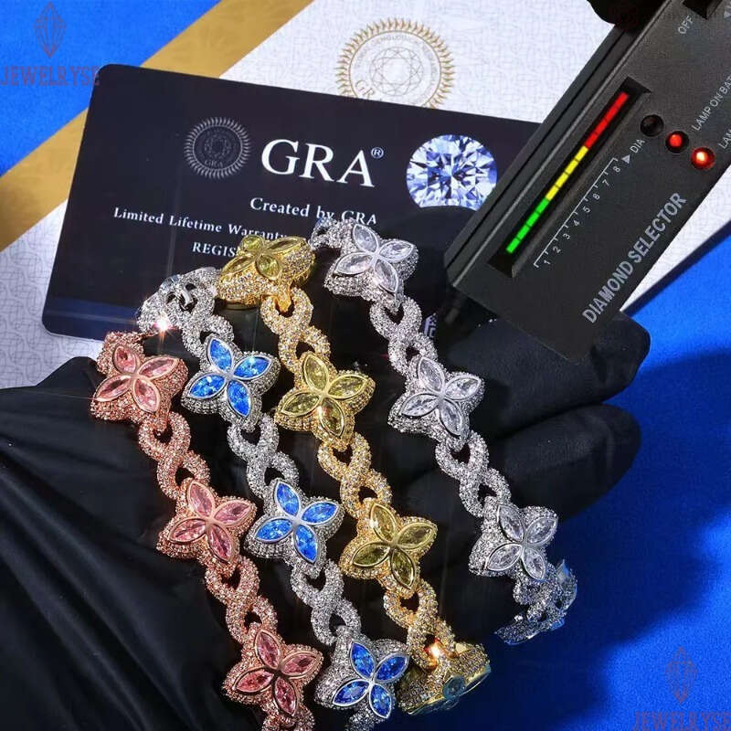 Moissanite Bracelet Luxury Jewelry New 15mm Marquise Flower Design Hip hop Jewelry Iced out Unisex Cuban Link Chain Sier