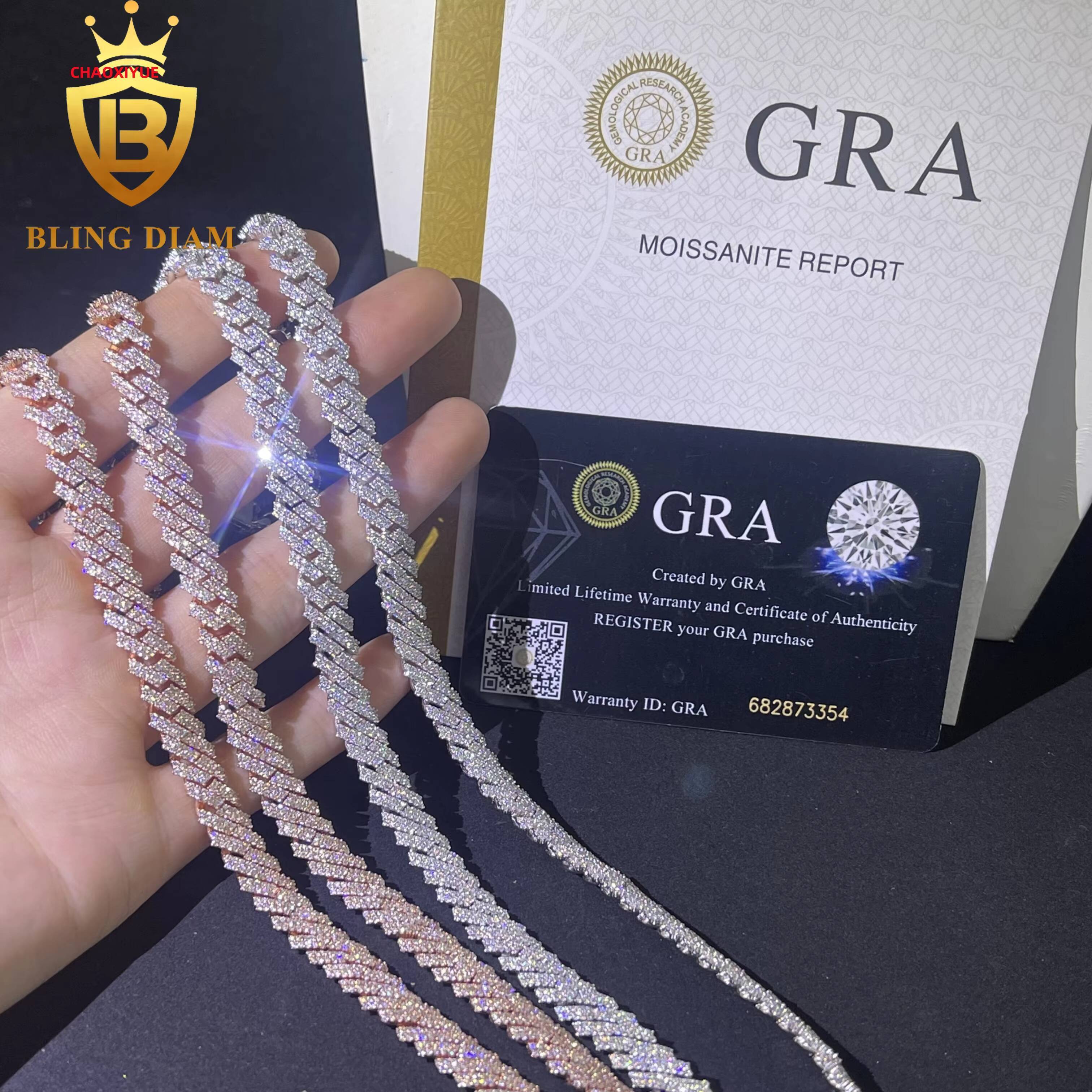 8mm Hip Hop Jewelry 2 Rows Moissanite Iced Out Miami Rose Gold Cuban Link Chain 925 Sterling Silver Necklace for Men