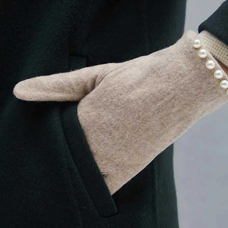 Winter Women Warm Cashmere Embroidery Touch Screen Gloves Female Rabbit velvet High-end Pearl Ring Thicken Driving Mittens H69 Y251211