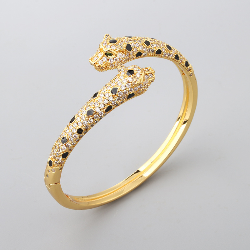 Trendy Internet Celebrity Style Spotted Full Diamond Double Leopard Head Bracelet Ring High-end Light Luxury Fashion Factory Wholesale