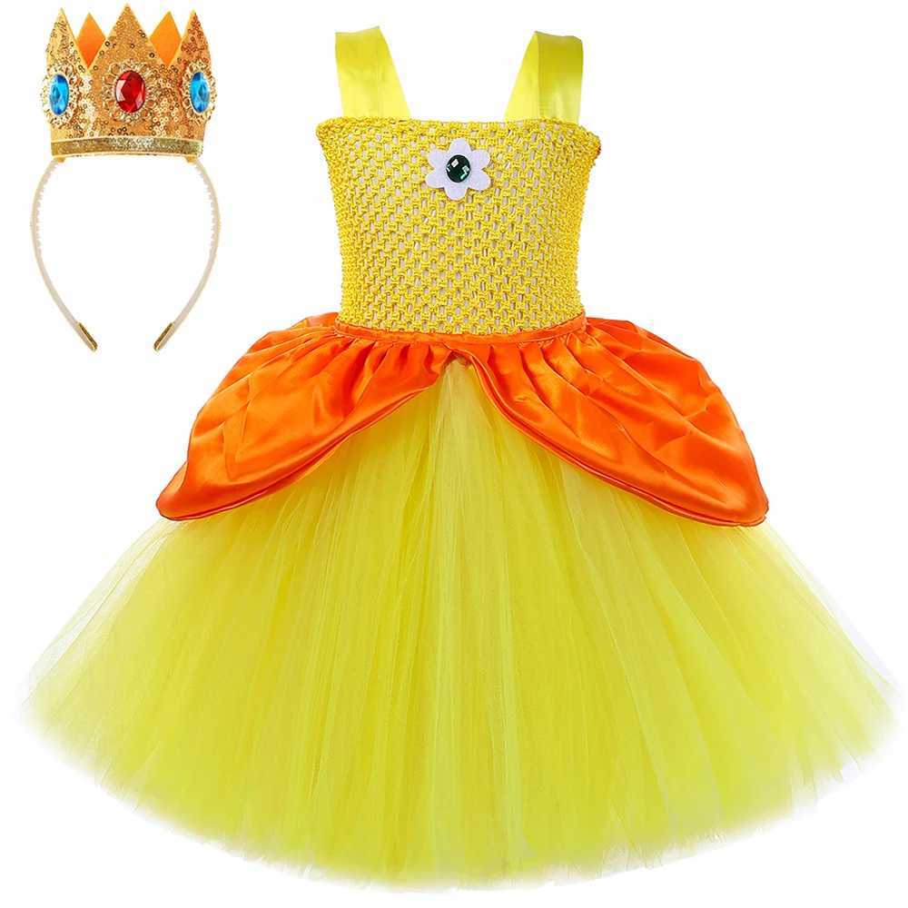 Yellow Princess Daisy Ballet Tutu Dress for Girls Birthday Party Outfit Kids Christmas Halloween Costumes with Crown Wand Gloves X251212