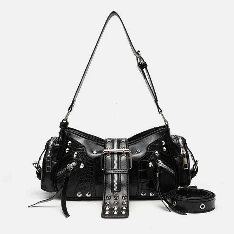 Women's Punk Vintage Shoulder Purse Leather Gothic Rivet Handbag Waist Bag Luxury Black Cross Body Bags With Spikes