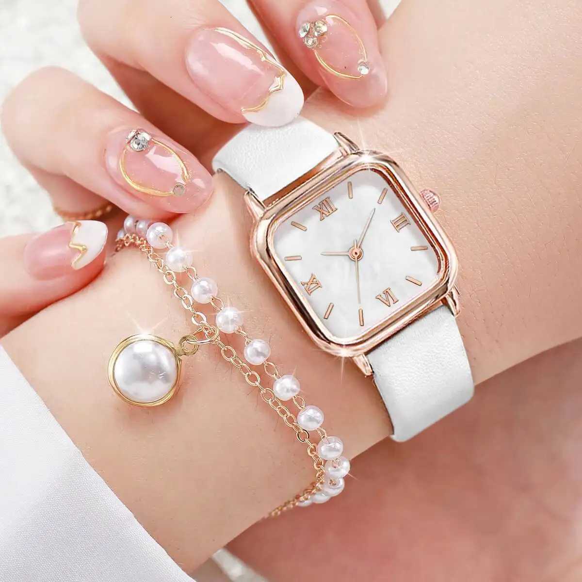5PCS/Set Fashion Square Womens Quartz Watches Leather Strap Wristwatch Pearls Jewelry Set Reloj MujerWithout Box Y251212