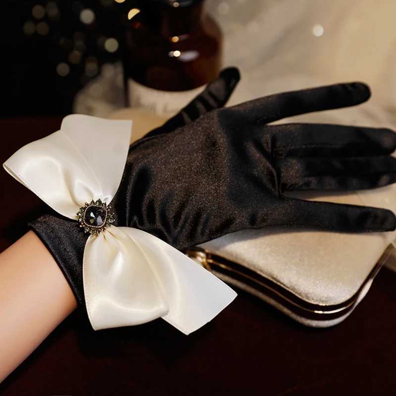 Korean Solid Color Satin Black Bow Rhinestones Studio Photo Wedding Dress Gloves Women Summer Driving Sunscreen Gloves S95 Y251211