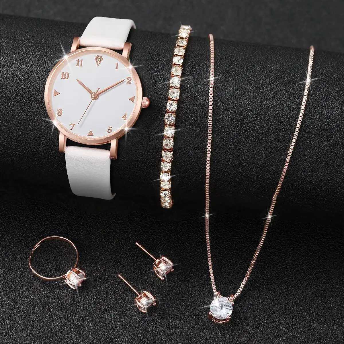 6PCS/Set Fashion Arabic Dial Women Watches Simple Leather Strap Quartz Wristwatch Rhinestone Jewelry SetWithout Box Y251212