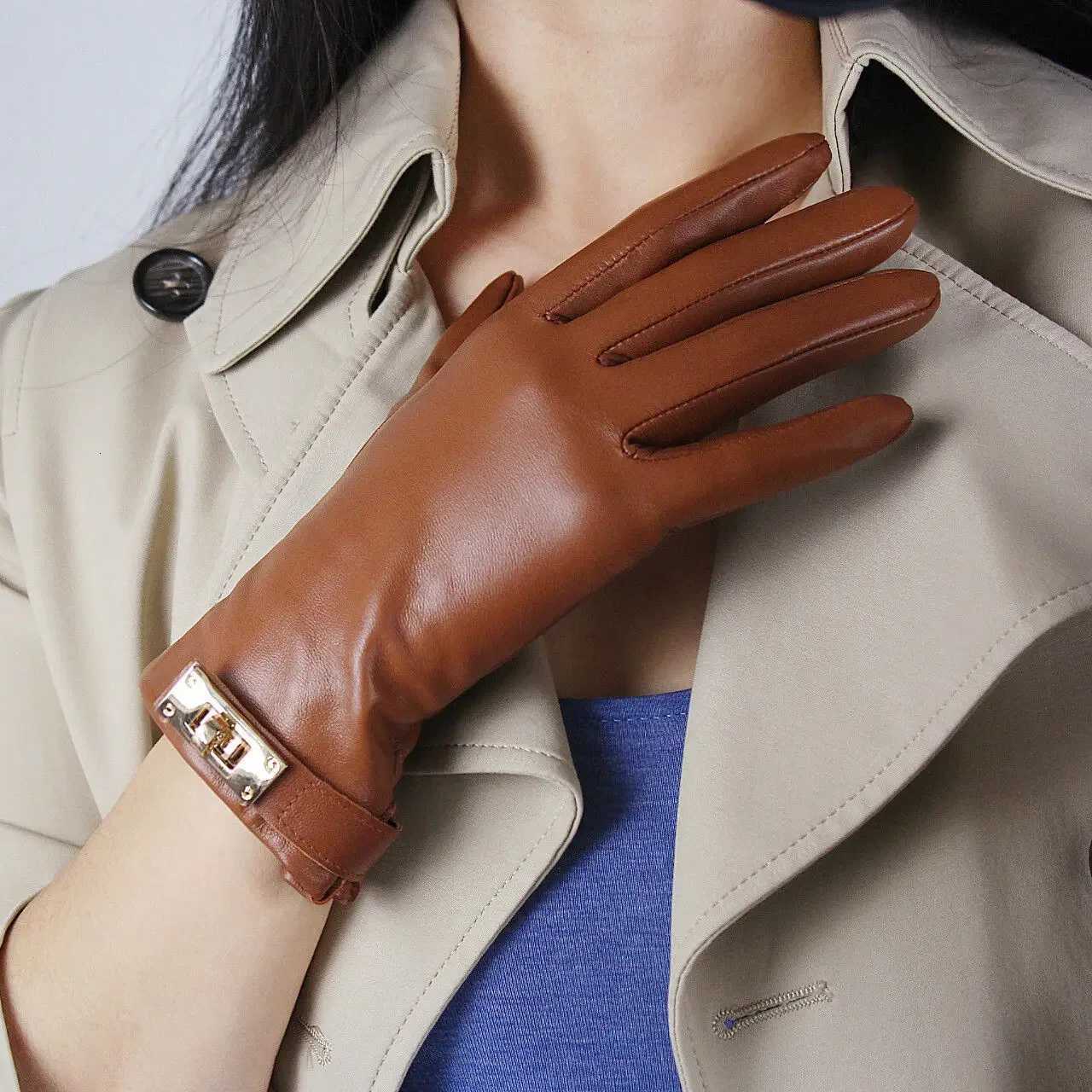 DooWay Womens Leather Short Gloves Brown Genuine Lambskin Sheepskin Golden Button Lock Closure Fashion Costume Winter Glove Y251211