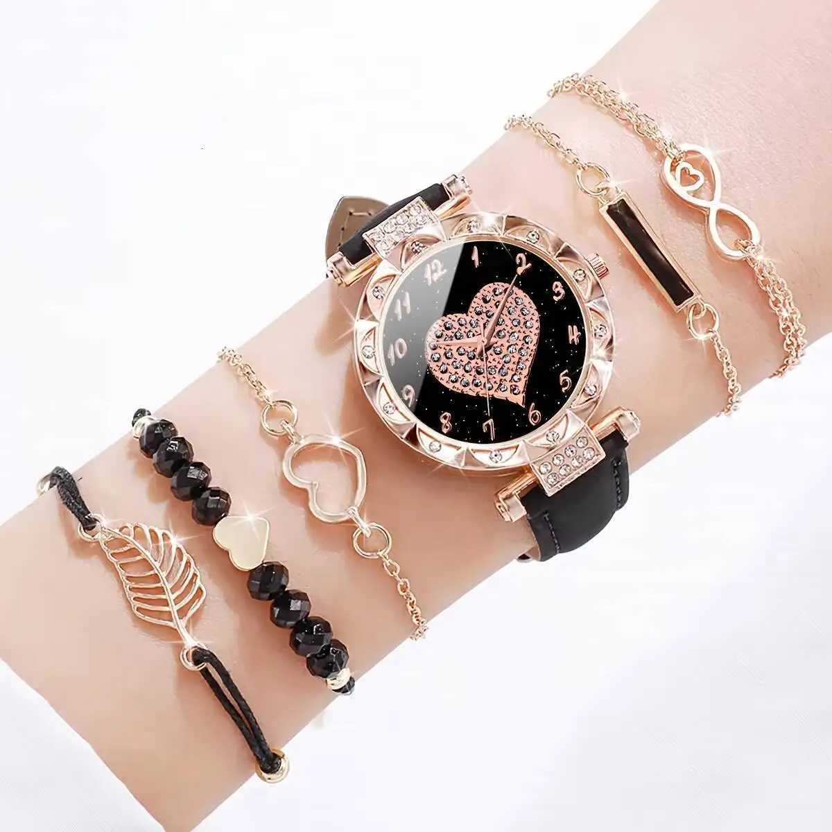 6PCS/Set Fashion Rhinestone Women Watches Leather Str apQuartz Wristwatch Heart Leaf Bracelets SetWithout Box Y251212