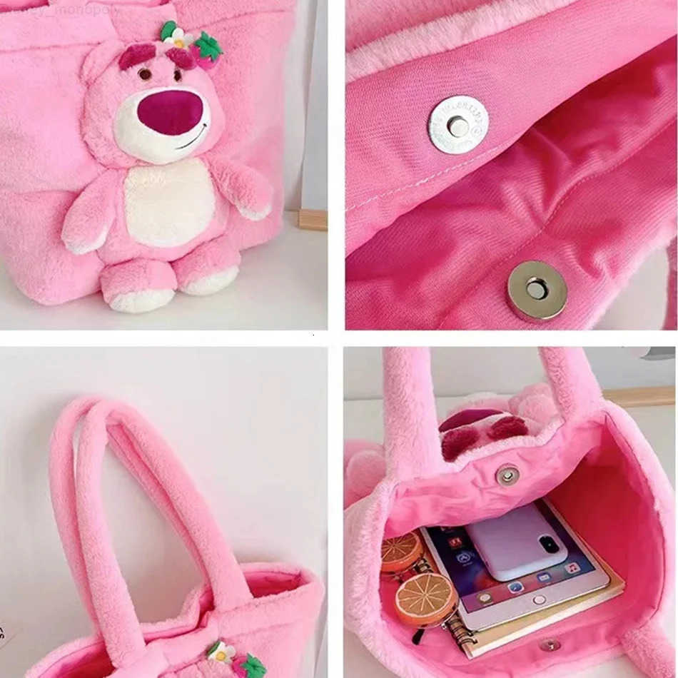 Disney Lilo Stitched Strawberry Bear Plush Handbag for Girls Cute Anime Stuffed Toy Soft Cartoon Plushie Bag Christmas Gift H251212