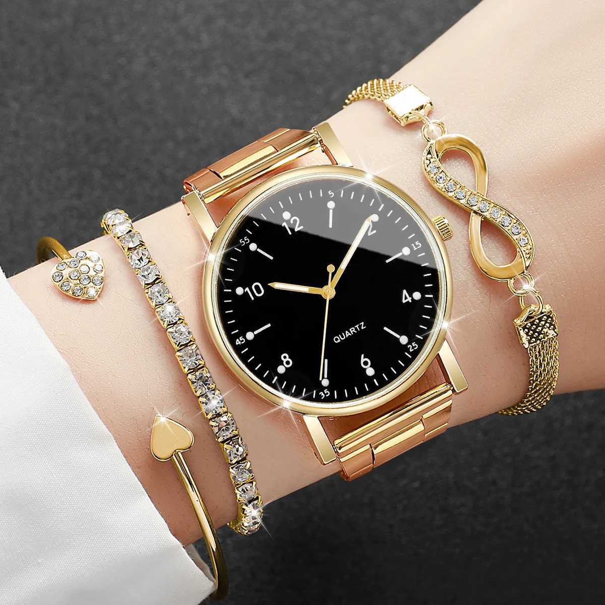 4PCS/Set Fashion Arabic Dial Women Quartz Watch Alloy Band Ladies Wristwatch Rhinestone Bracelets Set Reloj MujerWithout Box Y251212