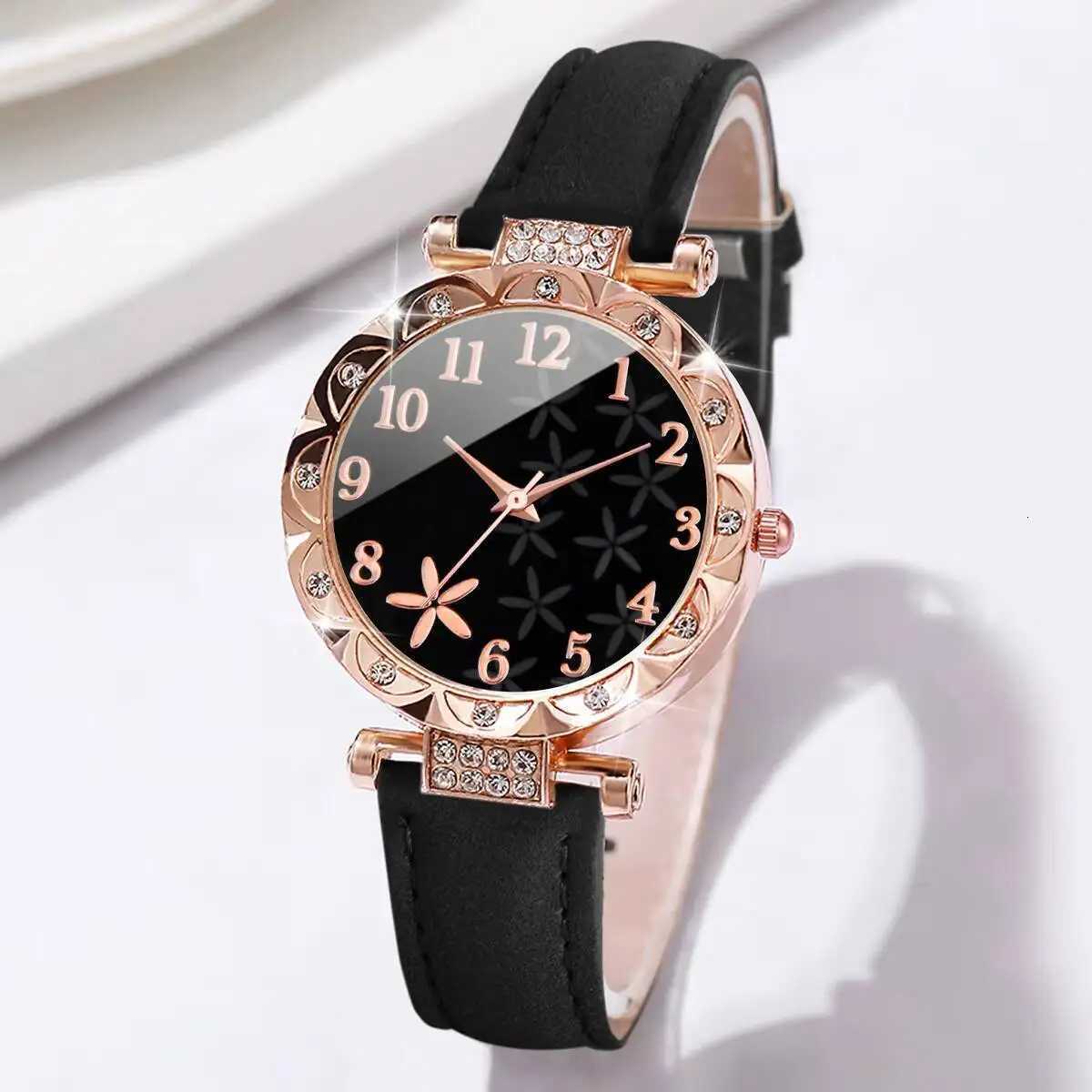 6PCS/Set Luxury Rhinestone Women Watches Fashion Flower Leather Strap Quartz Watch Bracelets Set Reloj MujerWithout Box Y251212
