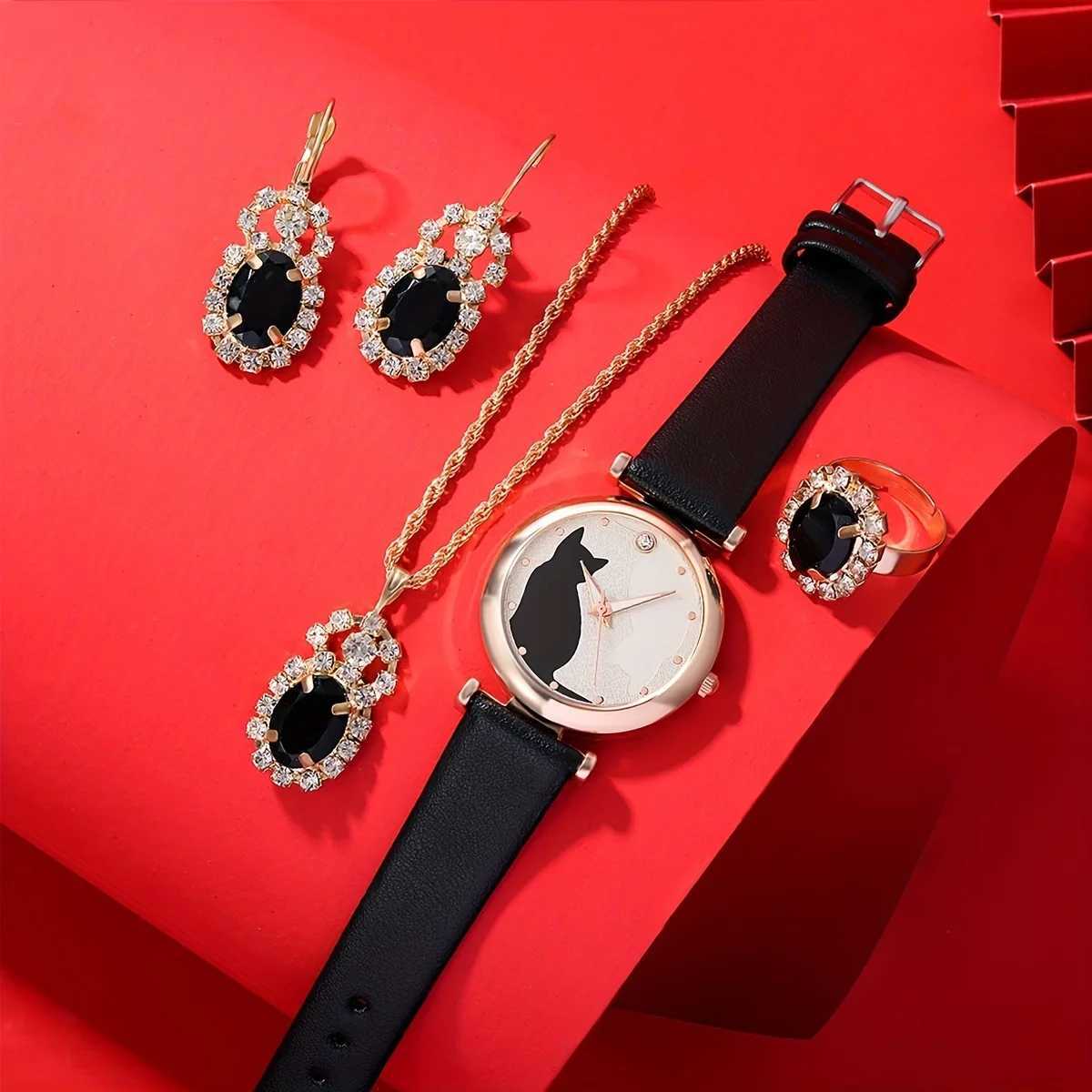 1pc Casual Round Pointer Quartz Watch Cat Pattern Rhinestone Decor Analog Dress Watch 4pcs Jewelry Set Gift For Mom/Her Y251212