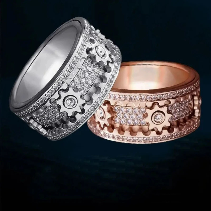 Handmade Ornate Rotating Diamond Geometric Cubic Zirconia 3D Band Ring Gear Spinner Rings 251209