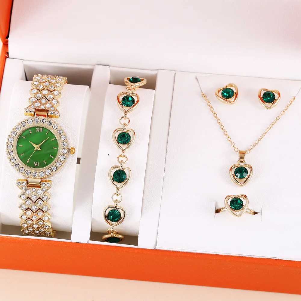 5 PCS Set Green Watch Women Luxury Ring Necklace Earrings Rhinestone Fashion Wristwatch Female Casual Watches Bracelet Set Y251212