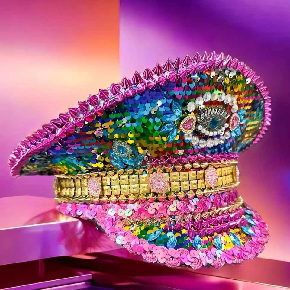 Luxury Colorful Sequin Festival Captain Hat Masquerade Unisex Adult Military Cap Polyester Steampunk Handmade Headwear Wedding X251212