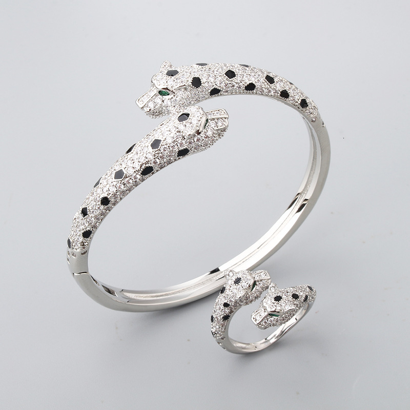 Trendy Internet Celebrity Style Spotted Full Diamond Double Leopard Head Bracelet Ring High-end Light Luxury Fashion Factory Wholesale