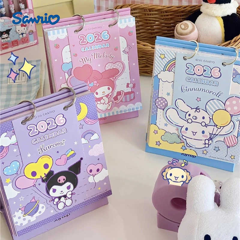 Sanrio 2026 Sanria Mini Desk Calendar Anime Kuromi Melody Portable Calendar Desktop Ornaments Cinnamoroll Check-In Plan Office Supplies H251212