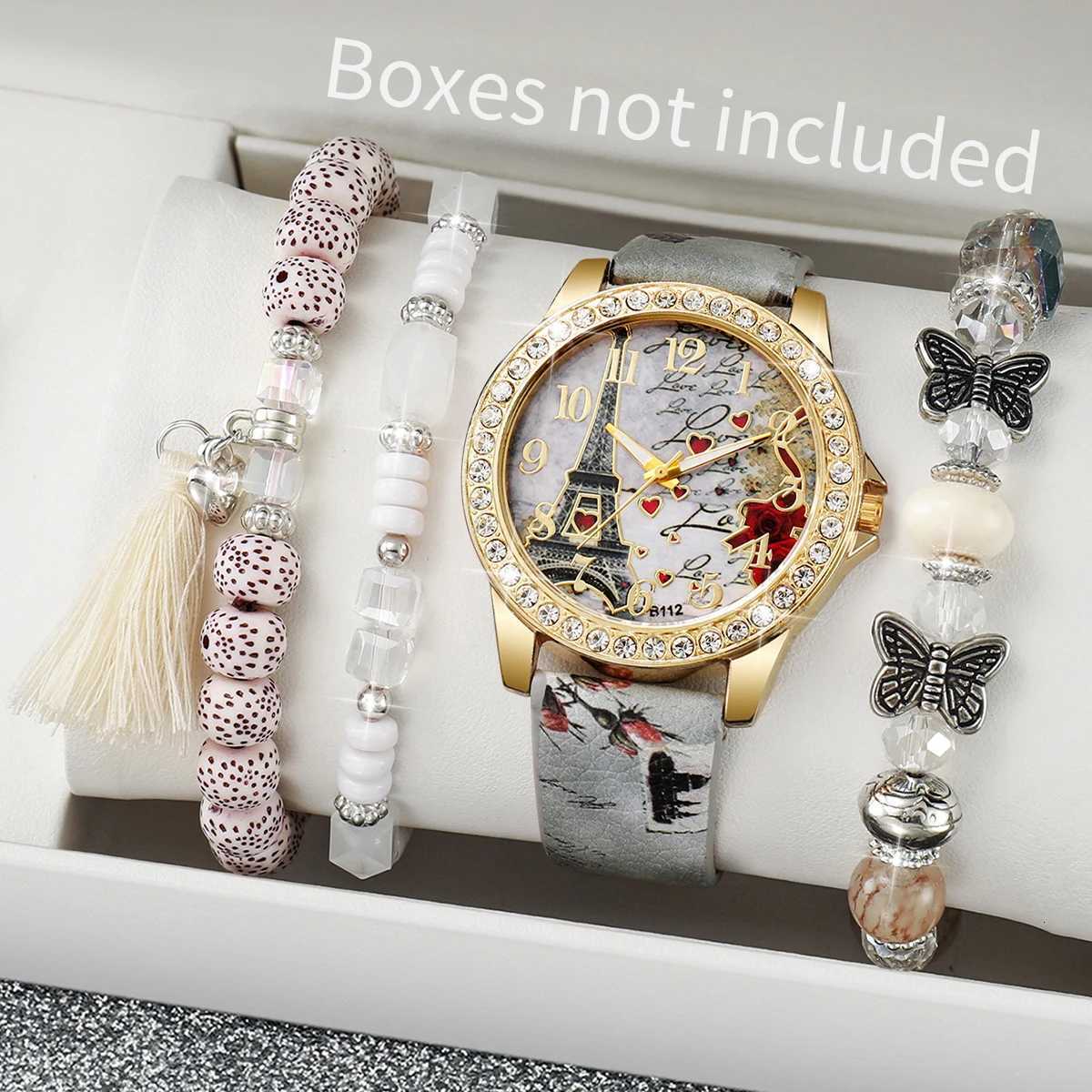 4/5PCS Fashion Flowers Prinetd Women Watches Bracelets Set Casual Leather Strap Quartz Wristwatch Reloj MujerWithout Box Y251212