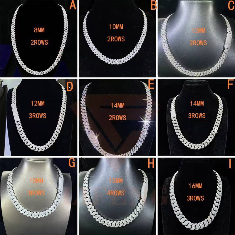 Hot Selling Black Diamond Cuban Chain 8mm 2 Rows 925 Silver Black Gold Plated Iced Out Chain Moissanite Cuban Link Chain