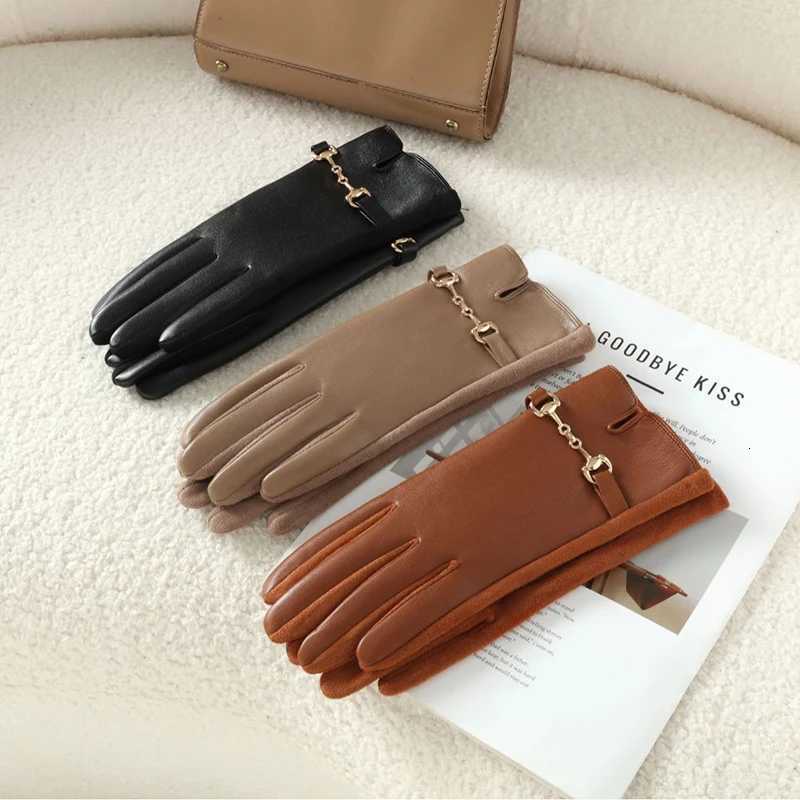 Women Winter Suede Double Layer Thick Riding Touch Screen Warm Gloves Outdoor Plus Velvet Driving Windproof Chain Leather Glvoes Y251211