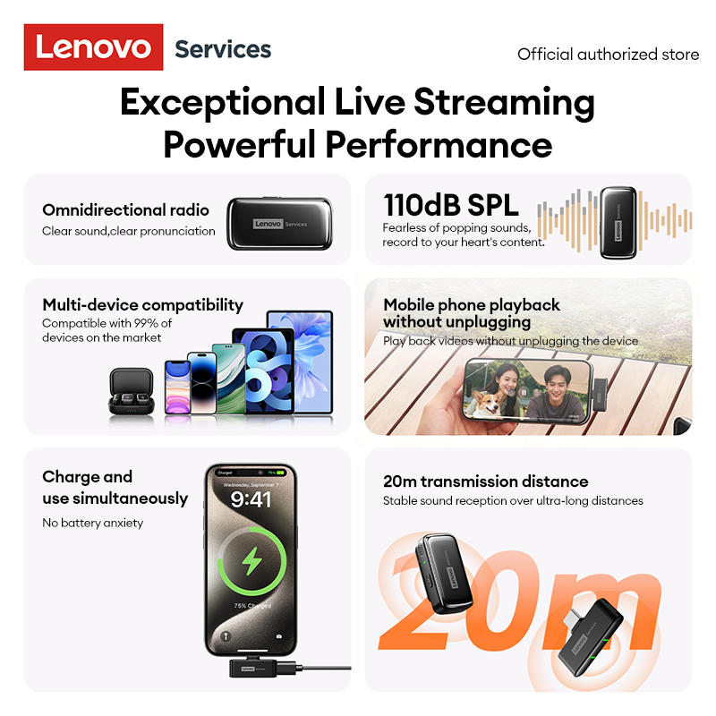 Lenovo Wireless Lapel Microphone Recording MK103 Mic for Mobile Live Streaming Streaming Audio Equipment for Broadcasters Portable Mini Mic with Noise