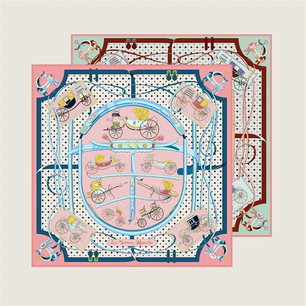 POBING Hand Rolled Twill Silk Scarf Women Horse Carriage Double Print Square Scarves Wraps Echarpes Foulards Femme Hijab 90CM Z251212