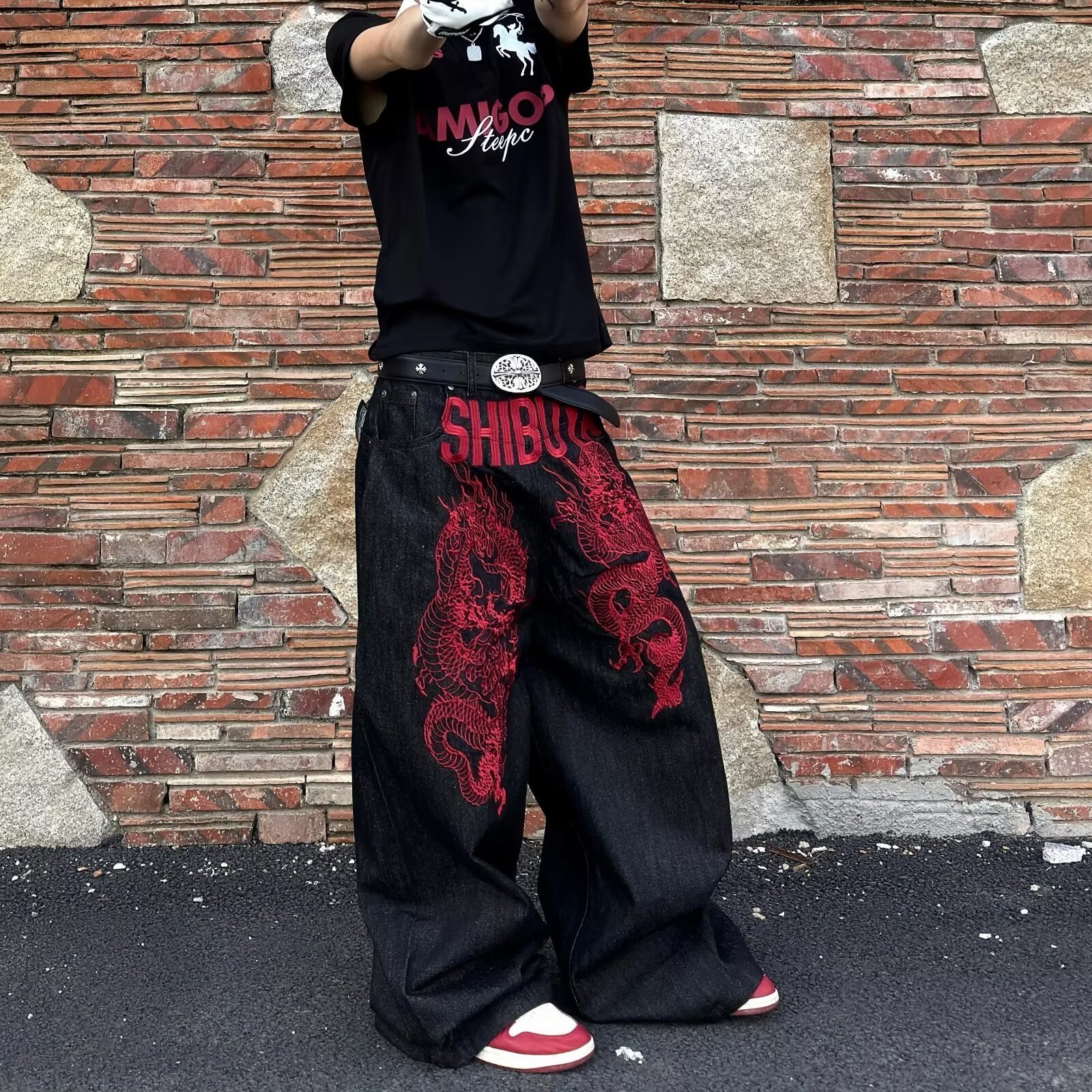 Embroidered Dragon Totem Jeans Hip Hop Baggy Jeans Streetwear Y2k Mens Jeans Loose Wide Leg Denim Fabric High Quality 240927