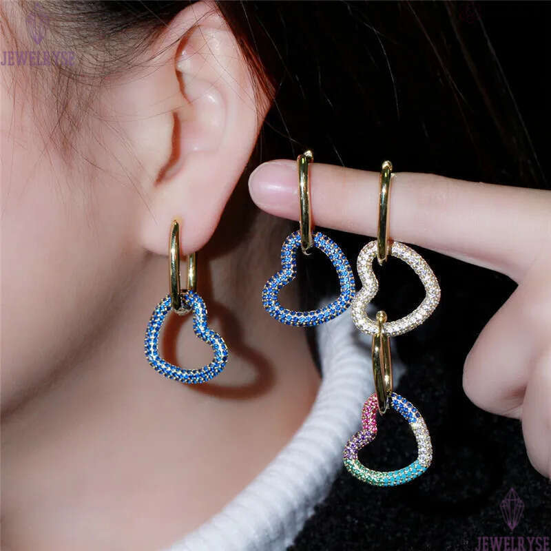 Fashion Cute Colorful AAA Cubic Zirconia Charm Heart Star Earrings Designer Copper Double Loop Phase Buckle 18k Gold White Green Red CZ Earring For Wo
