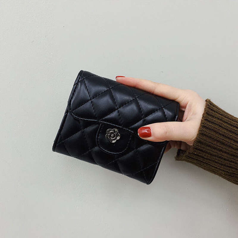 BHULAMTE Designer Classic Diamond Embroidered Thread Black Card Luxury Texture Camellia Women's Handbag Long Money Wallet Coin Bag Zipper Clip