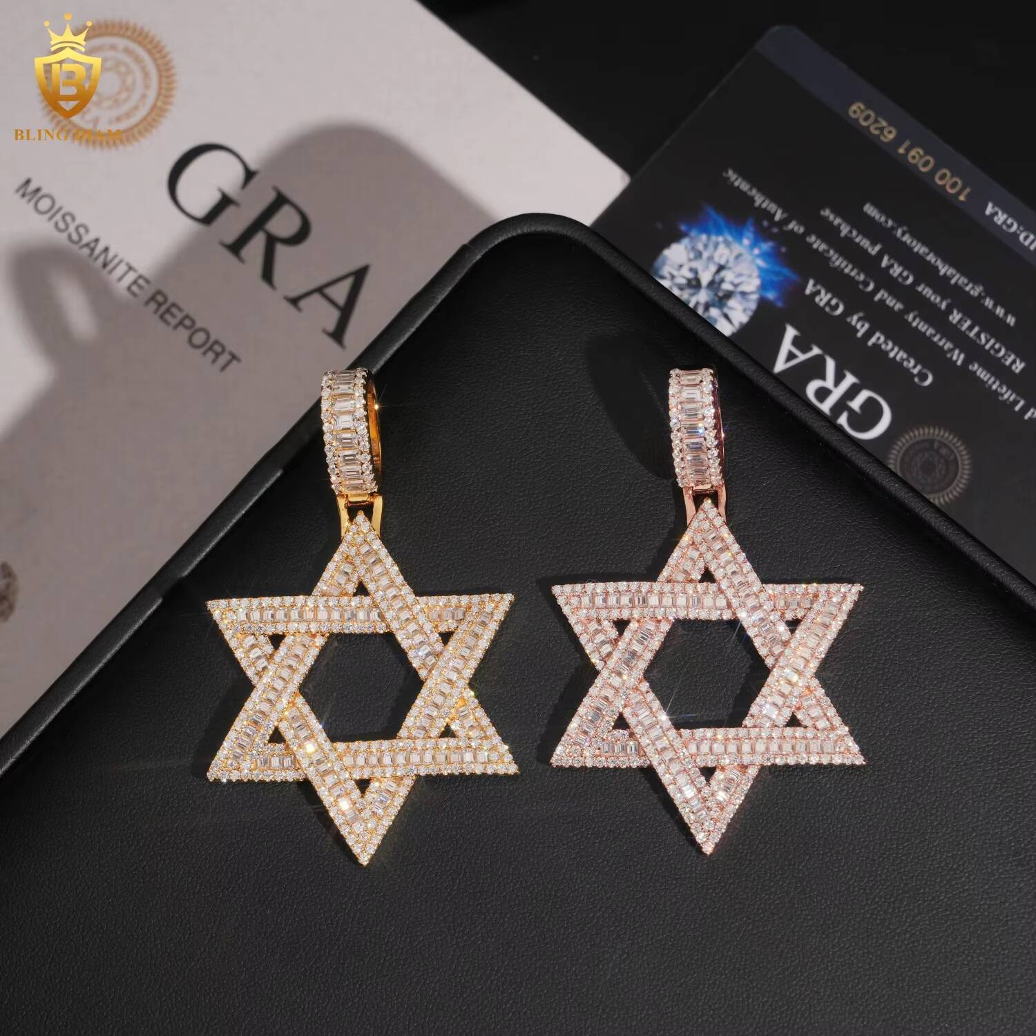 Hip Hop Moissanite Jewelry Hexagram Charm Pendant Solid 925 Silver Baguette Cut Moissanite Pendant Jewelry Iced Out Pendant GRA
