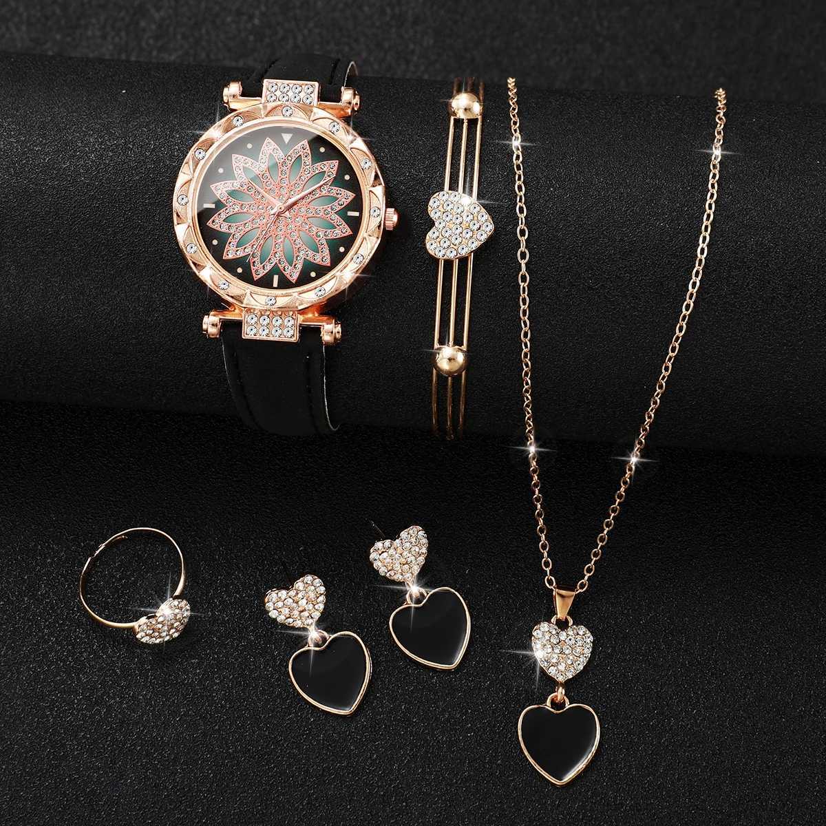 6PCS Fashion Rhinestone Flower Dial Women Wristwatch Ladies Leather Strap Watch Heart Diamond Jewelry SetWithout Box Y251212