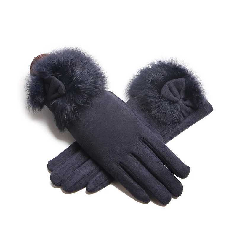 Winter Female Suede Leather Bow Plush Wrist Mitten Women Thick Plus Plush Windproof Warm Touch Screen Driving Gloves J22 Y251211