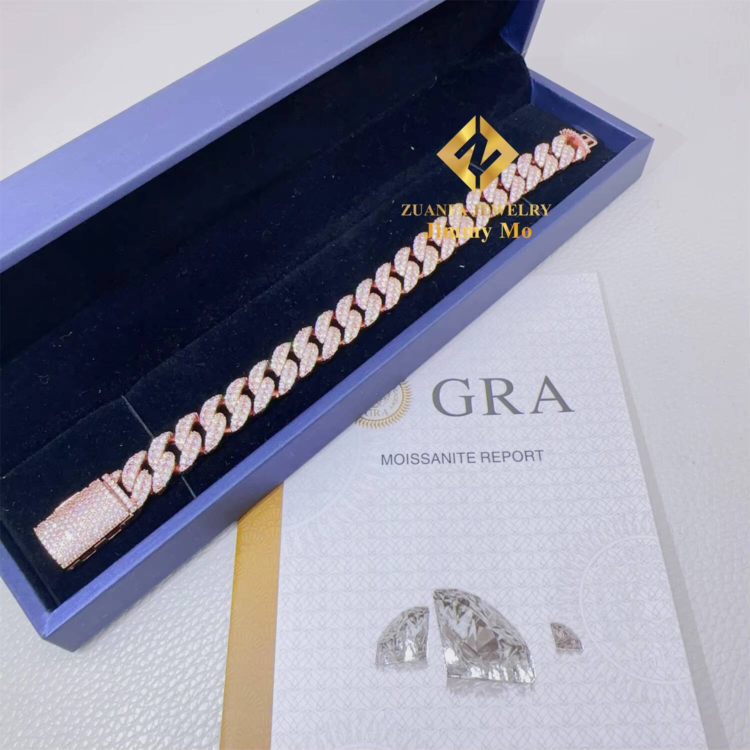 925 Solid Silver Rose Gold Plated Iced Out Hip Hop Fire Jewelry VVS Moissanite Diamond Cuban Link Chain Bracelet Man