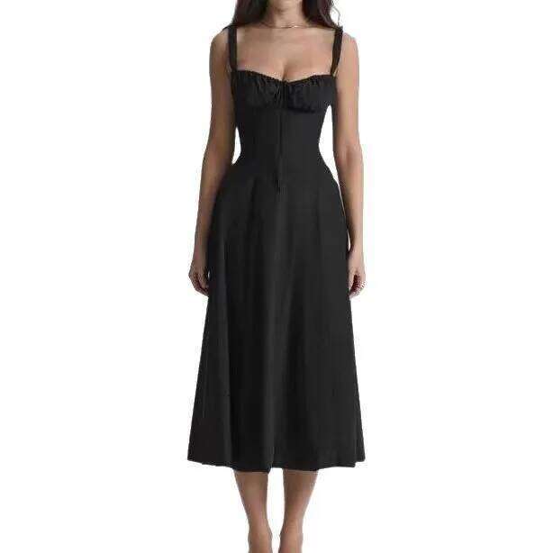 Fashion 2026 Sexy Brazilian Independent Station Digital Print Low Cut Back Strap Waist Cinching Midi Dress Polyester Fabric V Neck Sleeveless Designer