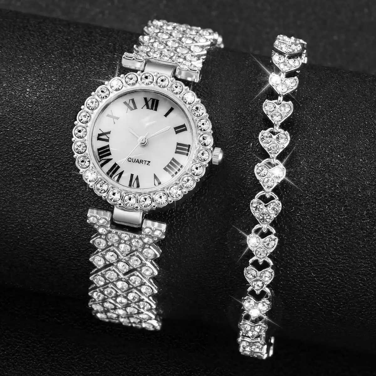 2PCS/Set Fashion Rhinestone Womens Watch Silver Band Ladies Quartz Watches Bracelet Set Reloj MujerWithout Box Y251212