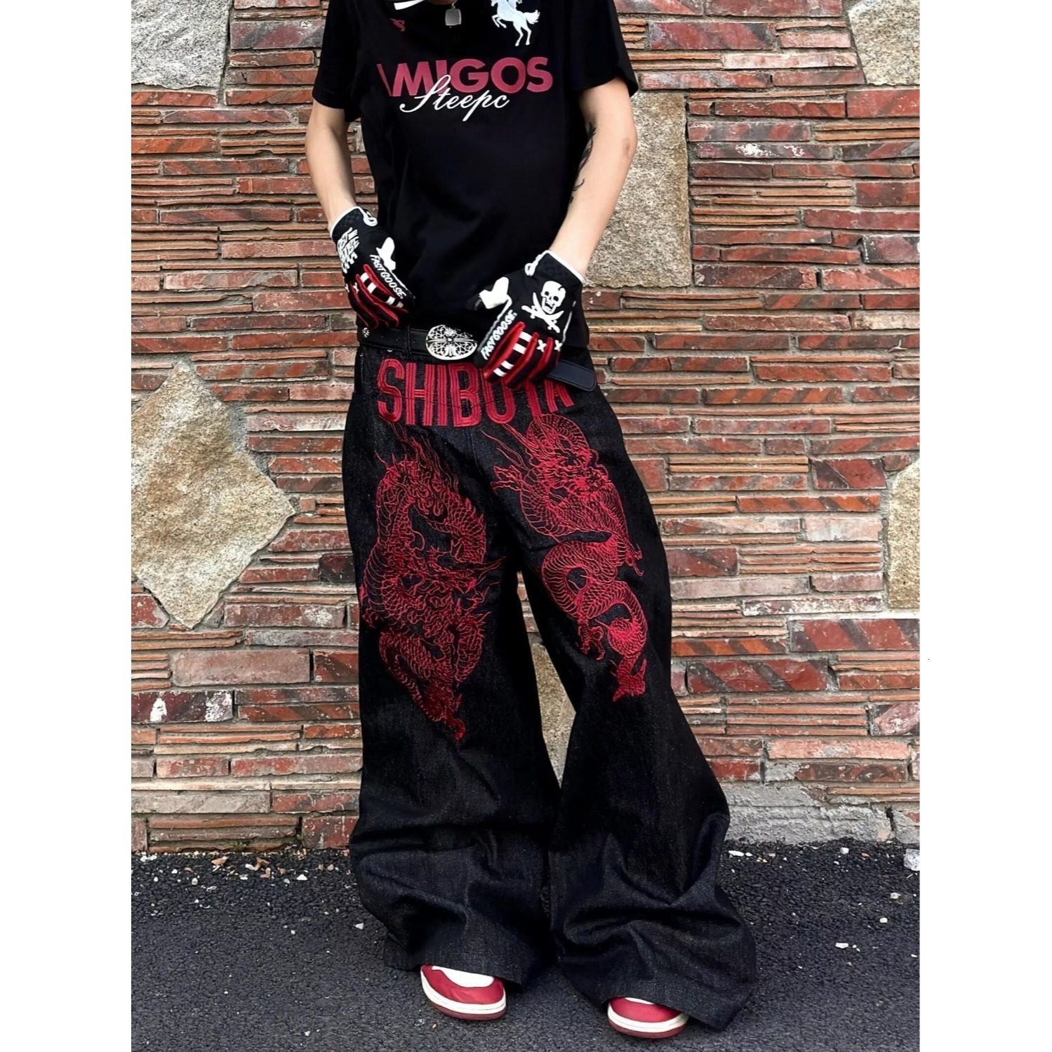 Embroidered Dragon Totem Jeans Hip Hop Baggy Jeans Streetwear Y2k Mens Jeans Loose Wide Leg Denim Fabric High Quality 240927