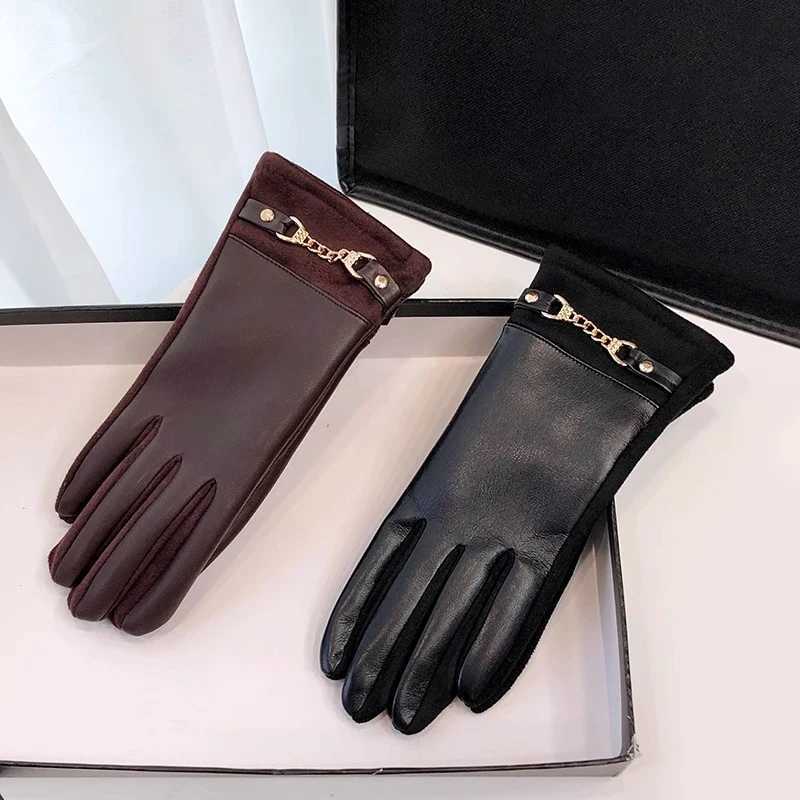 Winter Women Luxury Elegant Fashion Chain Protein Leather Thicken Warm Gloves Touch Screen Cycling Driving Windproof Mittens Y251211