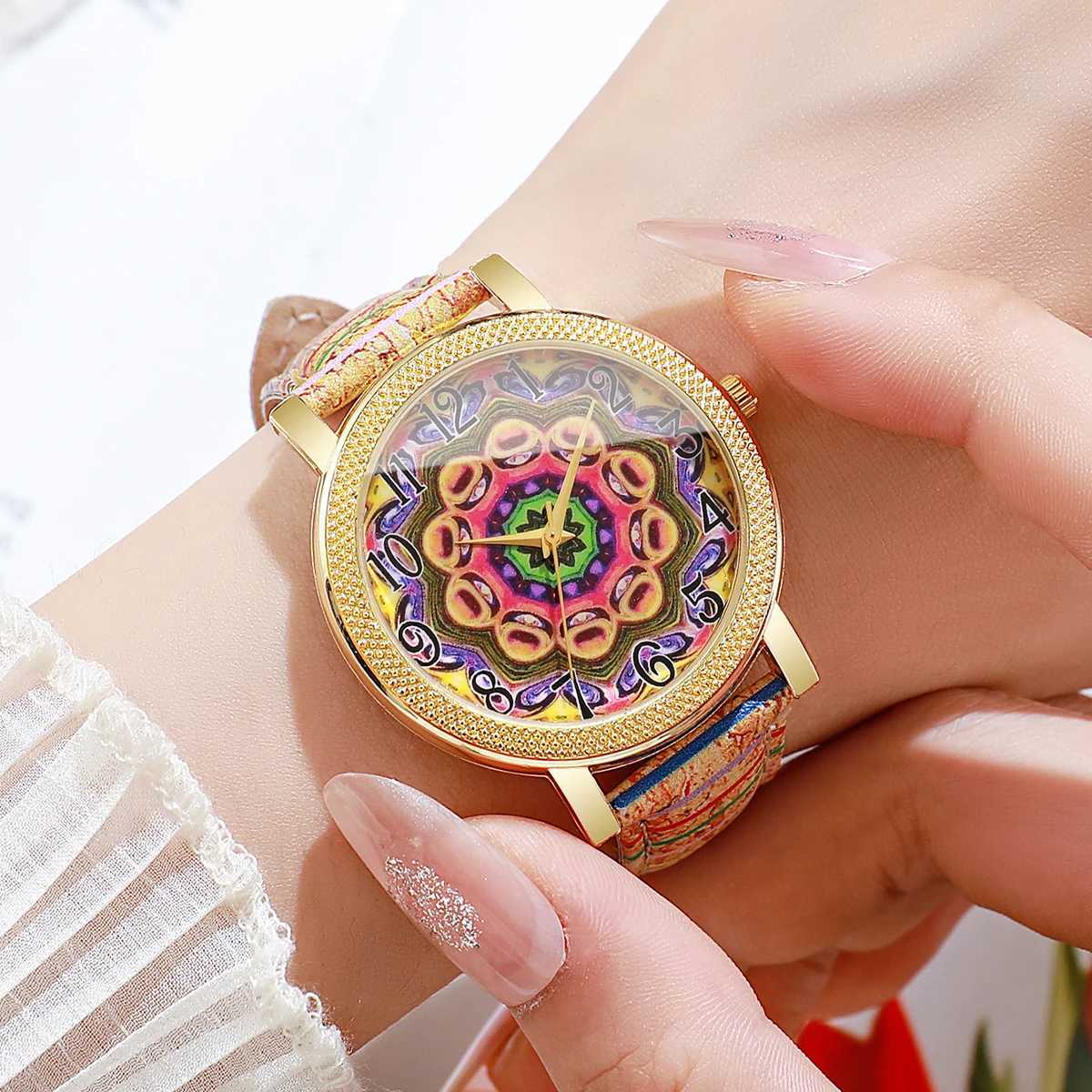1/6/7PCS Fashion Leather Strap Women Watches Vintage Printed Ladies Quartz Wristwatch Reloj Mujer Girls Clock Gift Without Box Y251212
