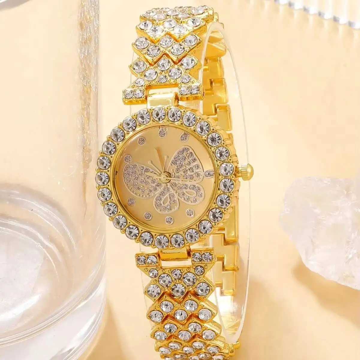2PCS/Set Luxury Rhinestone Butterfly Dial Women Watches Fashion Ladies Quartz Wristwatch Bracelet Set Y251212