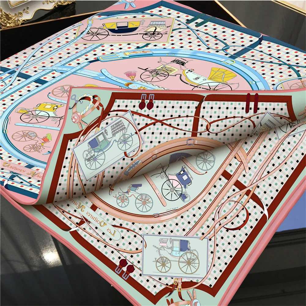 POBING Hand Rolled Twill Silk Scarf Women Horse Carriage Double Print Square Scarves Wraps Echarpes Foulards Femme Hijab 90CM Z251212