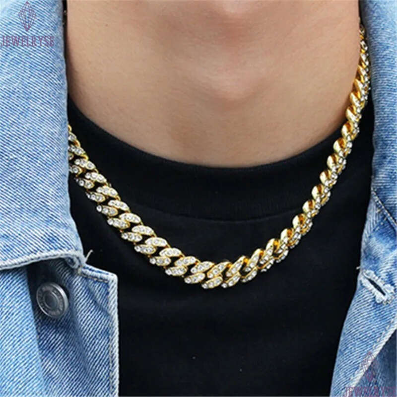 12mm hip hop jewelry cuban link chain mens gold necklace designer chain for man Diamond Iced Out Alloy Chains Austrian Rhinestone Long Silver Necklace