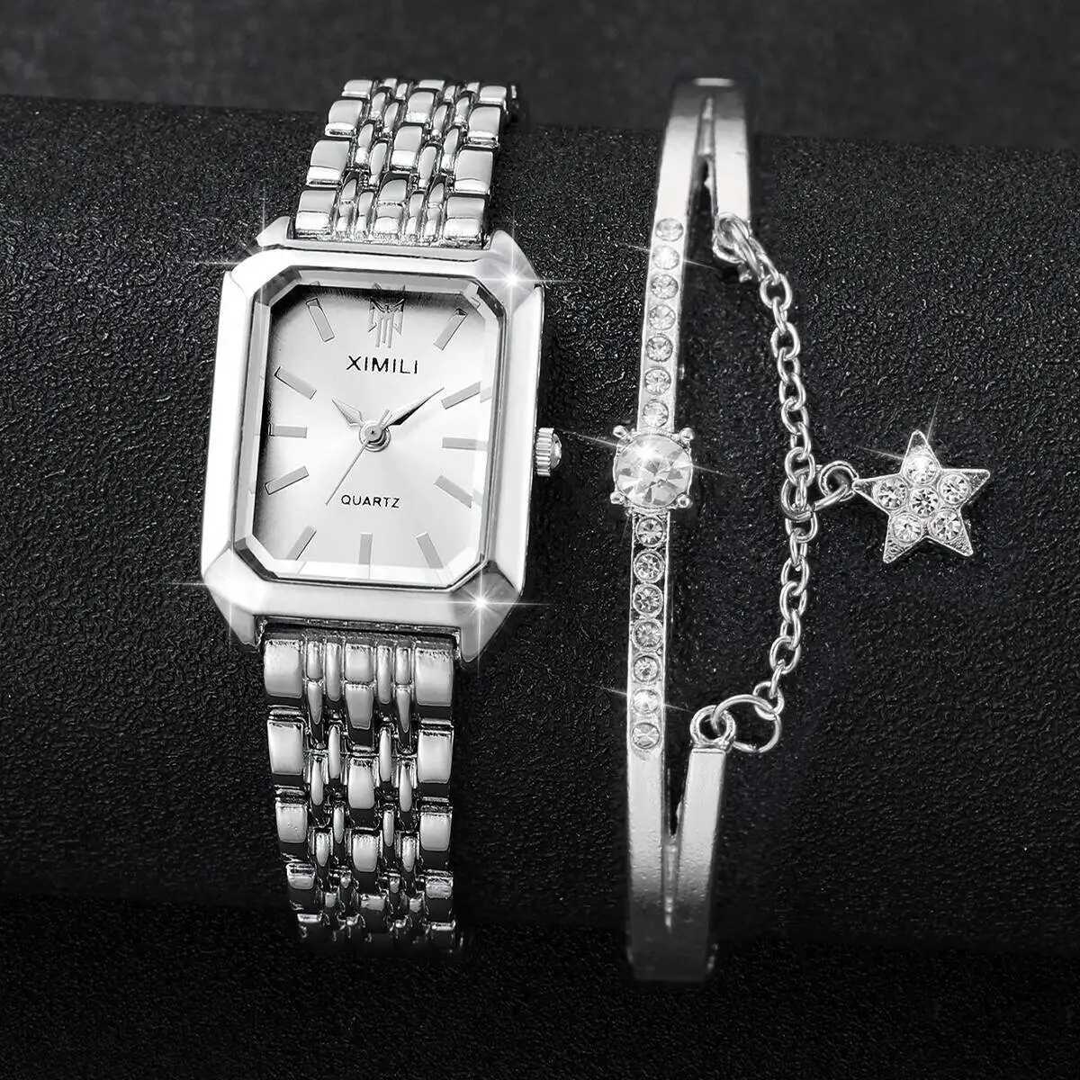 2PCS/Set Fashion Rectangle Women Watches Stainless Steel Band Quartz Watch Bracelet Set Reloj MujerWithout Box Y251212
