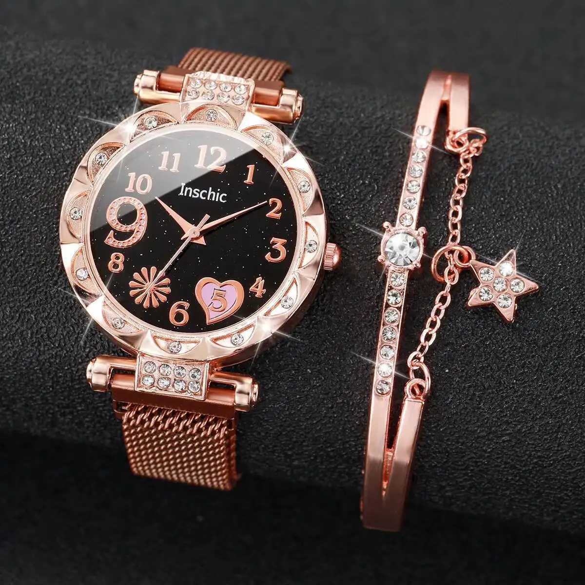 2PCS Fashion Womens Watches Set Magnet Buckle Mesh Strap Analog Quartz Watch Star Bracelet Set Reloj Mujer Y251212