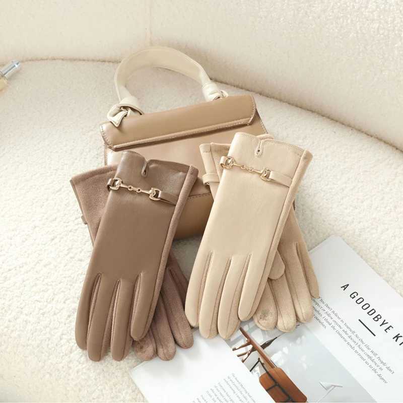 Women Winter Suede Double Layer Thick Riding Touch Screen Warm Gloves Outdoor Plus Velvet Driving Windproof Chain Leather Glvoes Y251211