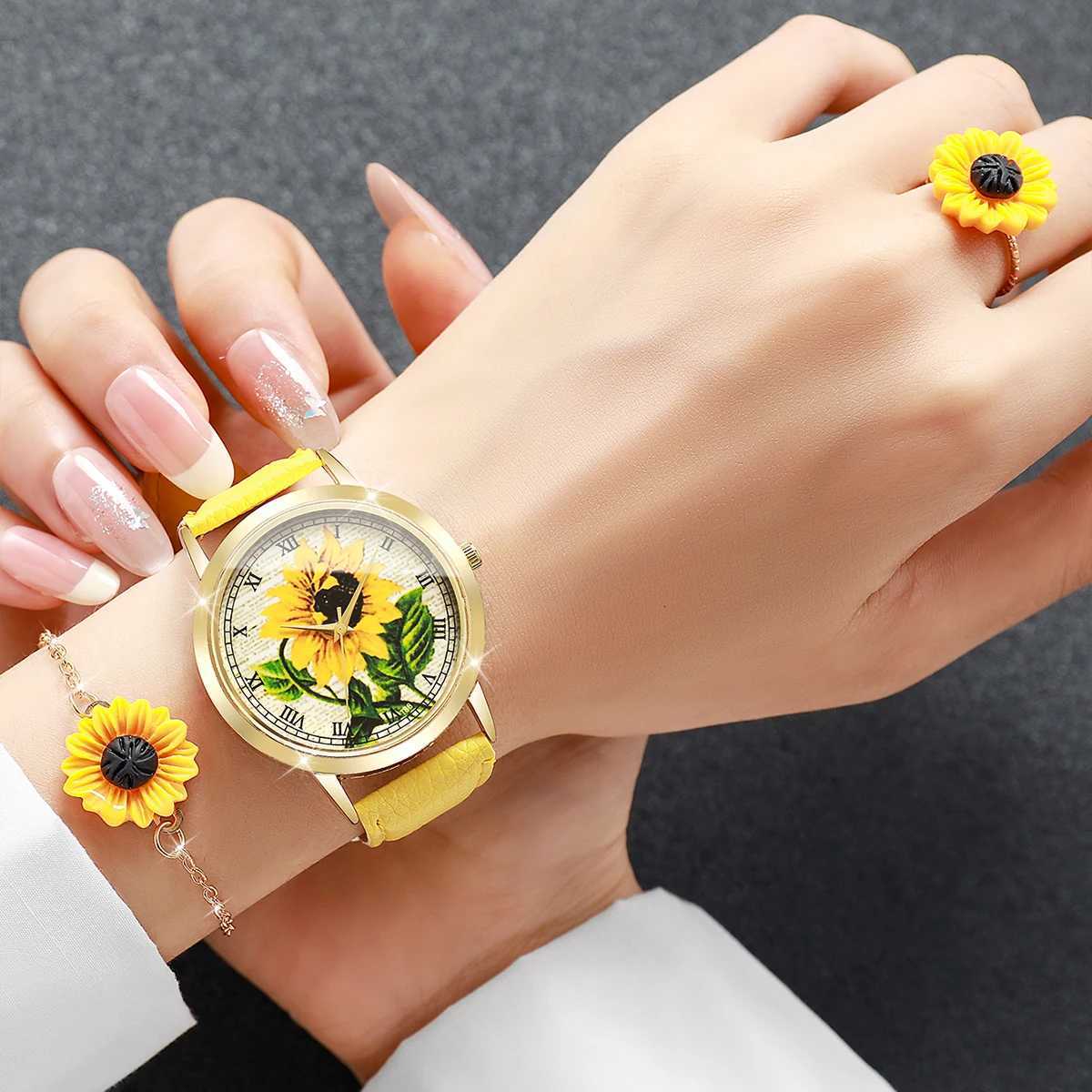 2/6PCS Fashion Flower Dial Women Watches Leather Strap Quartz Watch Daisy Jewelry Set Reloj Mujer Without Box Y251212