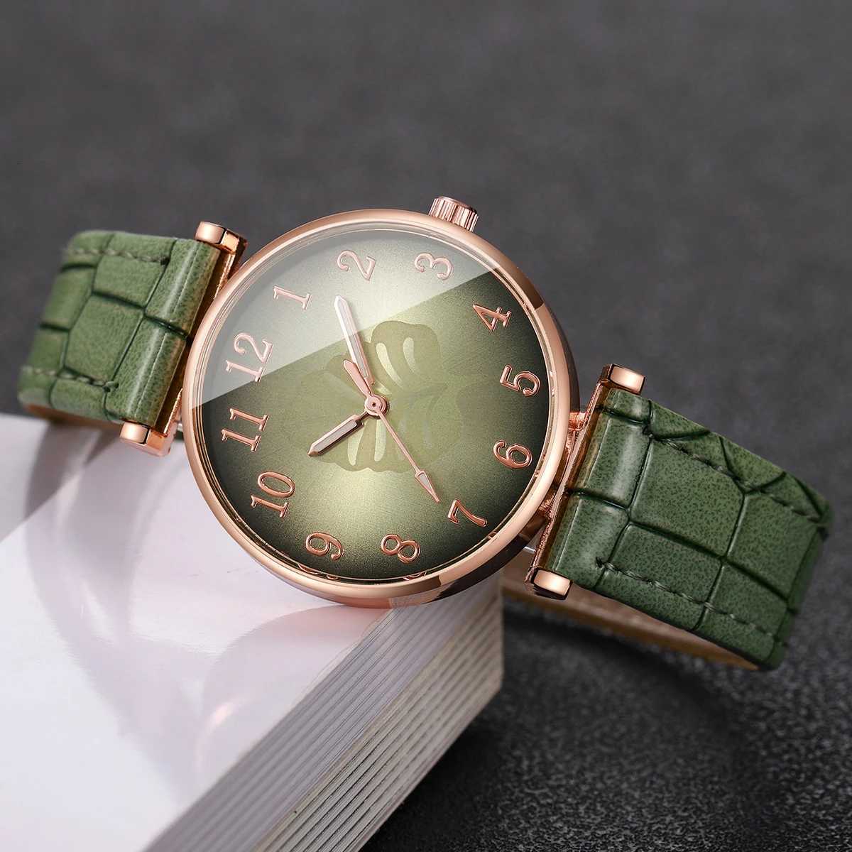 1/5PCS Fashion Leaf Dial Womens Watch Leather Band Ladies Quartz Wristwatch Rhinestone Jewelry Set Reloj MujerWithout Box Y251212