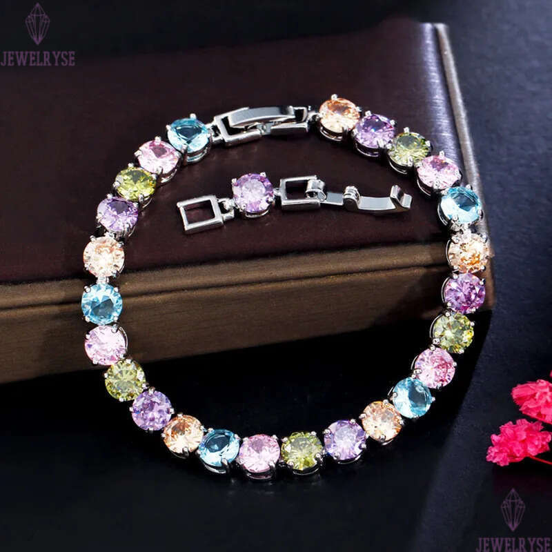 colorful diamond tennis designer bracelet woman copper round white yellow blue AAA zirconia crystal silver luxury lady bracelets womens fashion jewelr