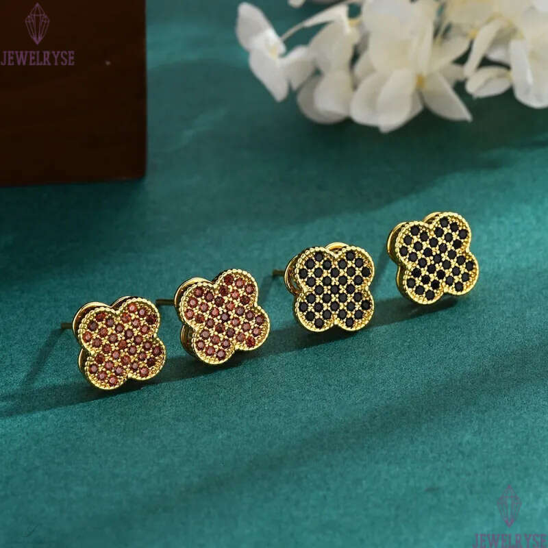 18k gold retro vintage clover designer earrings for women girls sweet lovely flower diamond crystal black red stone rotage earring earings ear rings j