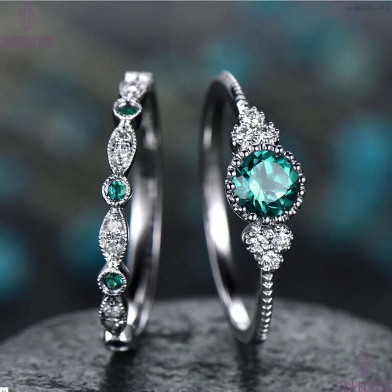 Emerald zircon retro vintage rings for women luxury blue stone geometry wedding engagement designer couple love ring jewelry