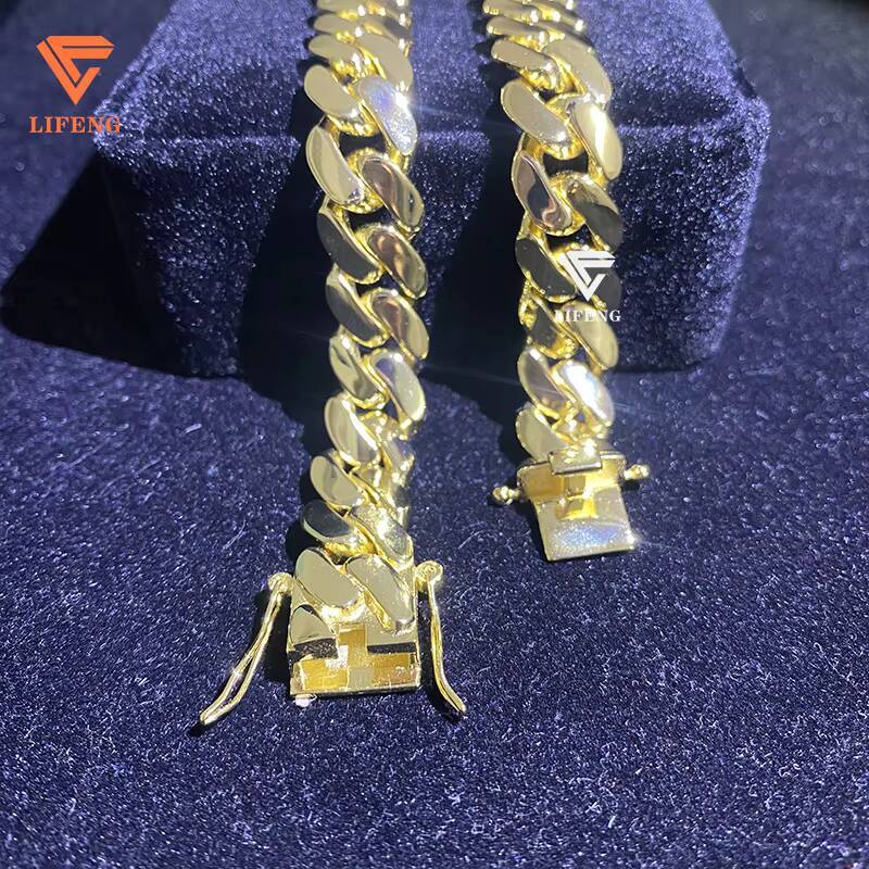 Lifeng Jewelry Luxury Style 14k Gold Plated Cuban Link Chain 14mm Hiphop Men 925 Sterling Silver Smooth Cuban Chain Necklace