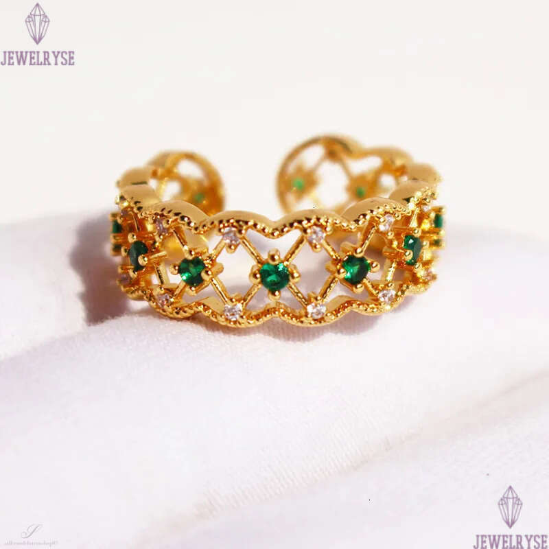 18k gold luxury green stone rings for women hollow lace rhombus designer retro vintage palace style geometry engagement ring jewelry size open